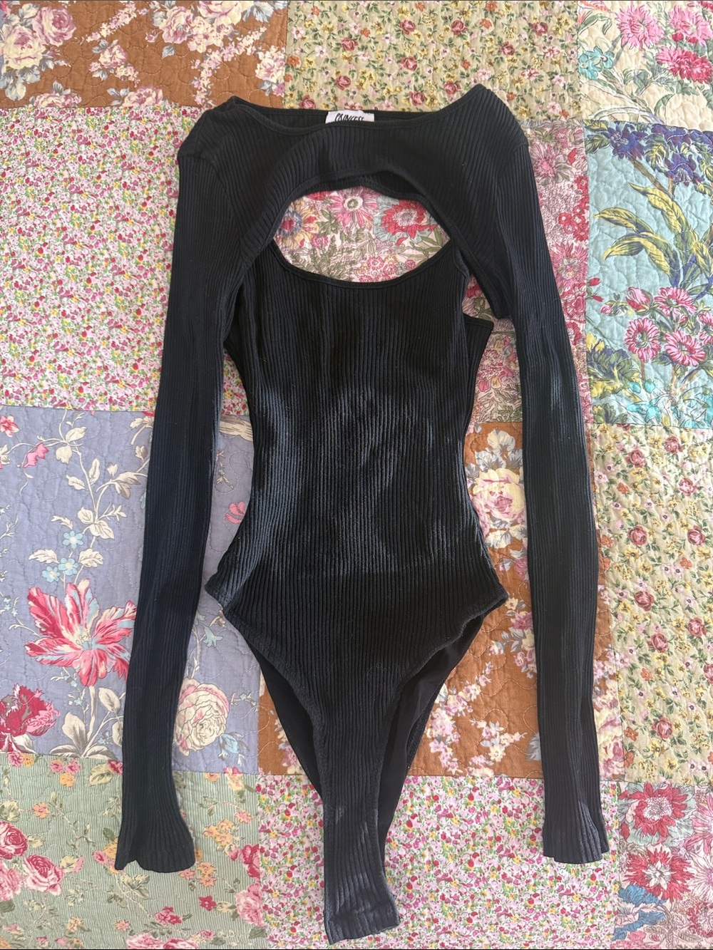 Princess Polly Black Ribbed Cutout Long Sleeve Bodysuit